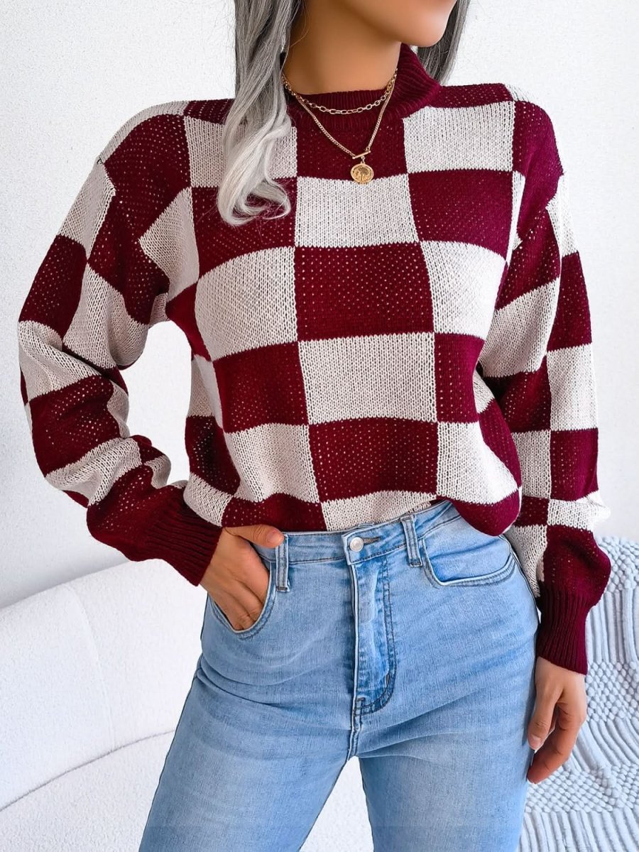 Checkered Mock Neck Long Sleeve Sweater - Love Salve